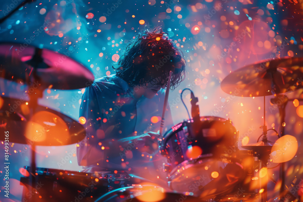 Poster a complex network of thin, tangled lines in metallic hues, capturing the electric vibe of a live jam