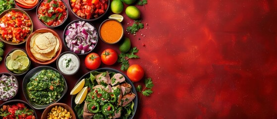 A red background with a variety of food items such as tomatoes, onions