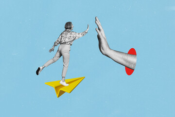 Composite photo collage of happy old woman stand paper plane give high five hand business partner...