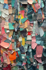 A collage of fabric scraps and paper cutouts, layered and arranged to evoke the spontaneous nature...