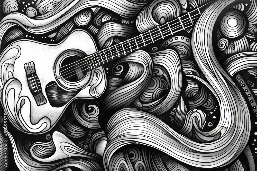 Fototapete Hand-drawn doodles and scribbles in a continuous flow across the page, representing the free-form creativity of musicians,