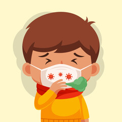 Young man coughing influenza cartoon illustration