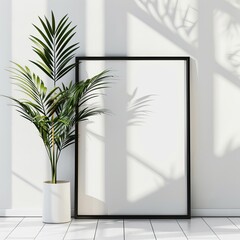 Minimalist Interior Design with Blank Art Frame and Potted Plant