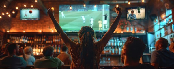 A group of enthusiastic fans cheer on their team as they watch a match on TV in a vibrant sports bar