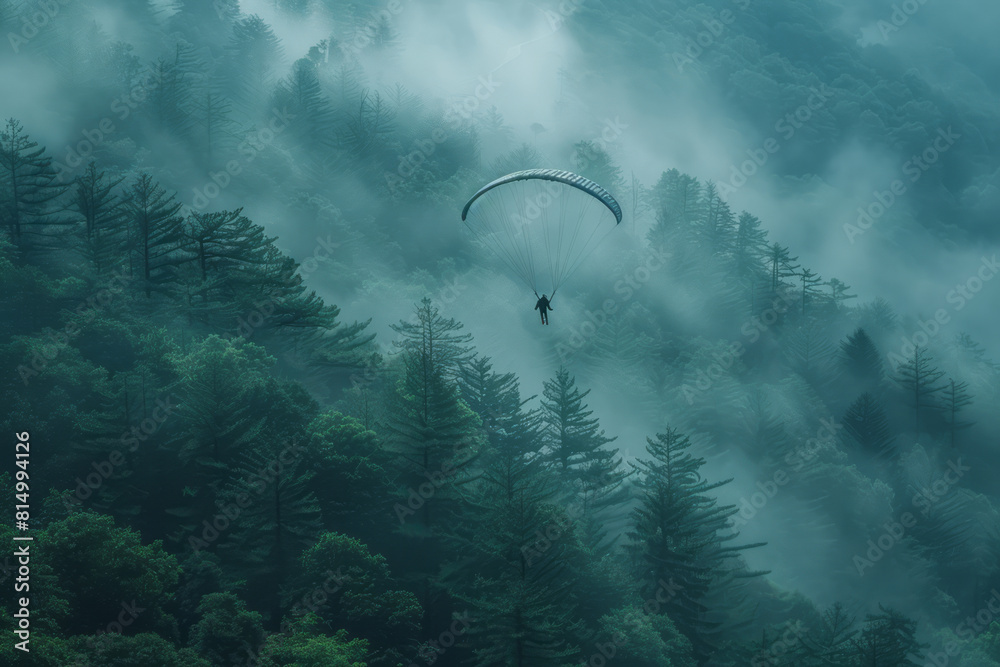 Poster Tranquil scene of a skydiver floating above a misty forest at dawn, with soft light filtering through the trees,