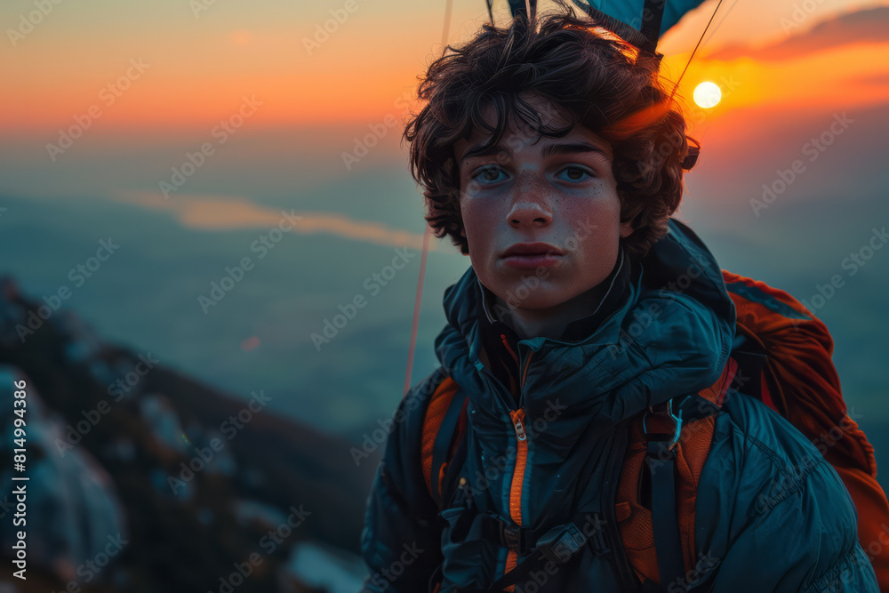 Poster tranquil view of a parachutist descending at dusk, with the horizon line glowing in twilight colors,