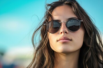 Close-up of a young woman in stylish sunglasses with a blurred background