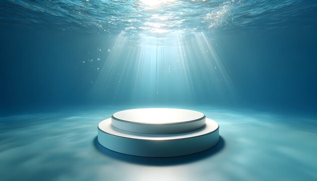 A minimalistic white podium on the ocean floor, calm waters under a clear sky, evokes a feeling of endless calm and simplicity.