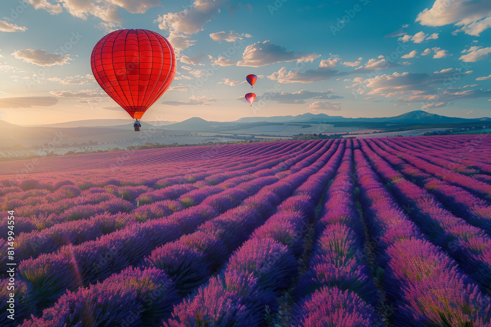 Poster vibrant image of a parachutist floating above a vast lavender field in full bloom,