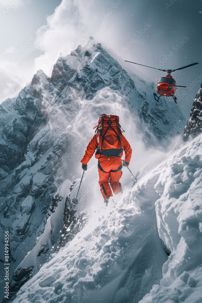 Poster view of a base jumper exiting a helicopter above a snow-capped mountain, emphasizing the solitude an
