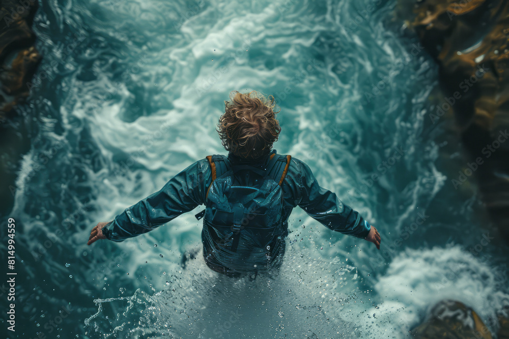 Poster dramatic perspective from above a jumper as they free fall from a bridge, the river rushing beneath 