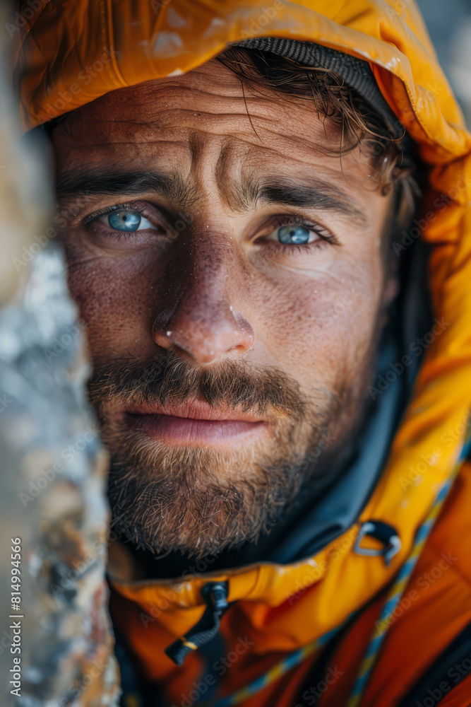 Poster Close-up of a surferâ€™s focused expression as they navigate a challenging barrel wave, capturing the intensity and concentration,