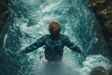 Dramatic perspective from above a jumper as they free fall from a bridge, the river rushing beneath them,
