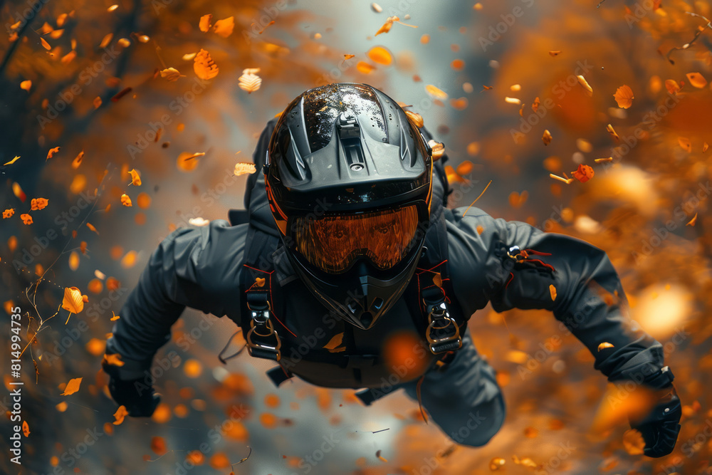Poster scene of a base jumper with a camera on the helmet, capturing the rush of descending past a fiery au