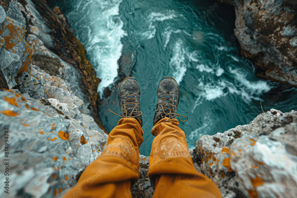 Poster scene showing a jumper's perspective looking down at a meandering river just before the jump, height