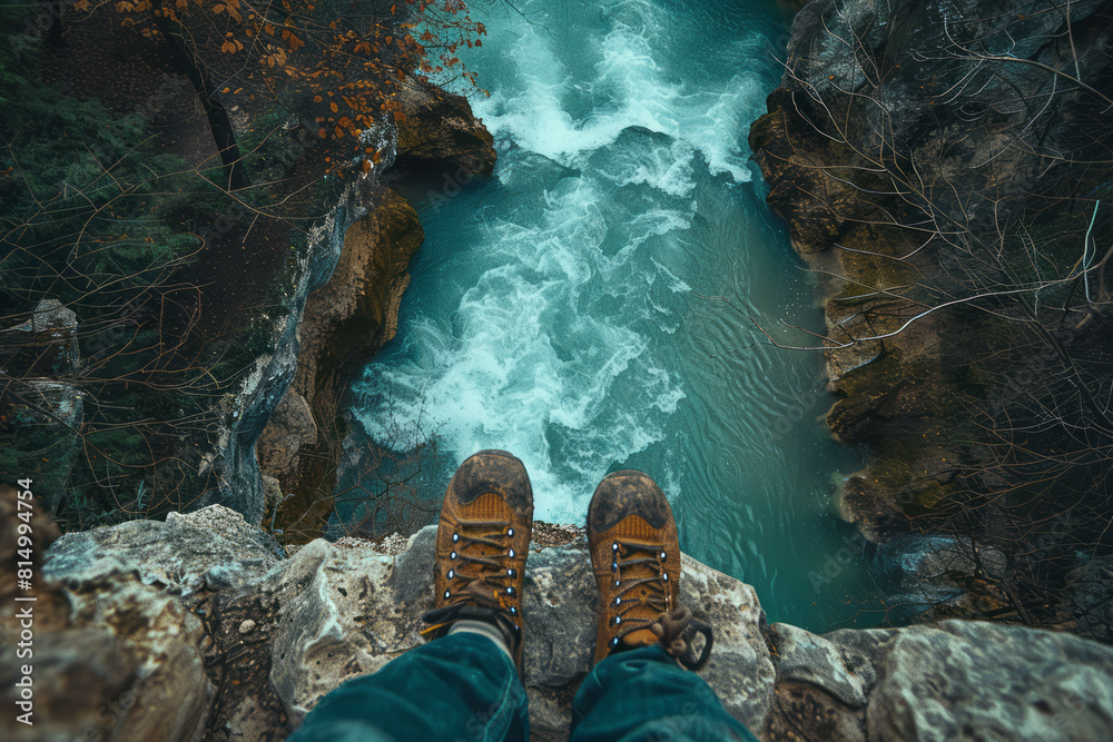 Poster scene showing a jumper's perspective looking down at a meandering river just before the jump, height