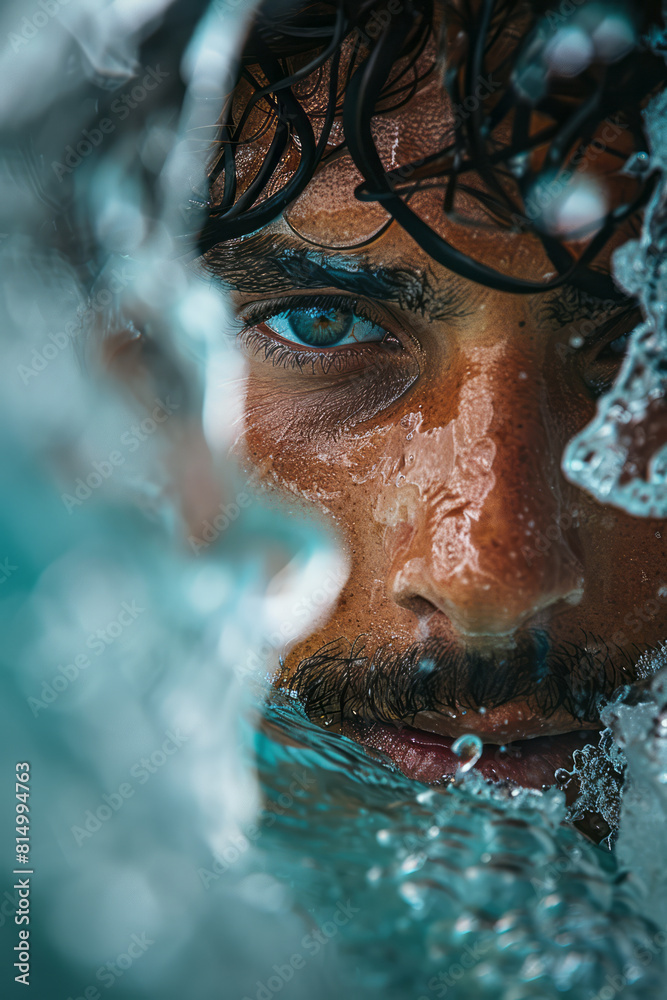 Poster Close-up of a surferâ€™s focused expression as they navigate a challenging barrel wave, capturing the intensity and concentration,