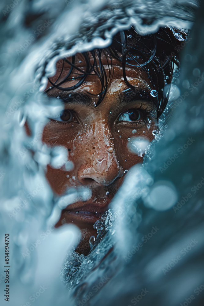 Poster Close-up of a surferâ€™s focused expression as they navigate a challenging barrel wave, capturing the intensity and concentration,