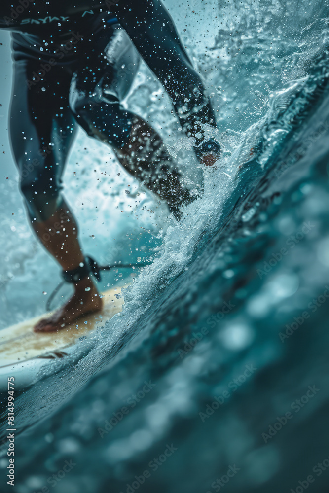 Poster close-up of a surferâ€™s feet firmly gripping the board while slicing through a massive wave, detail
