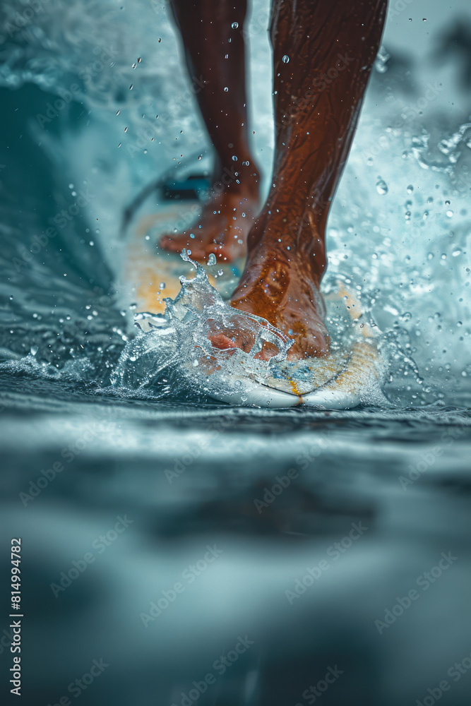 Poster close-up of a surferâ€™s feet firmly gripping the board while slicing through a massive wave, detail