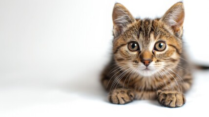 The studio portrait shows a seated, forward-facing tabby cat looking forward against a light background.