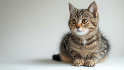 The studio portrait shows a seated, forward-facing tabby cat looking forward against a light background.