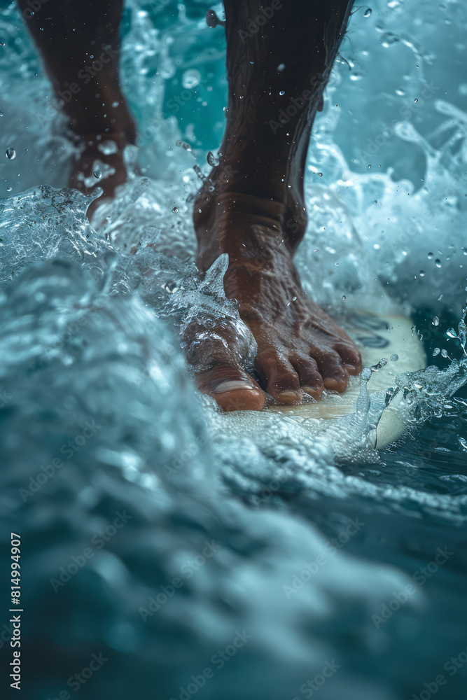 Poster close-up of a surferâ€™s feet firmly gripping the board while slicing through a massive wave, detail