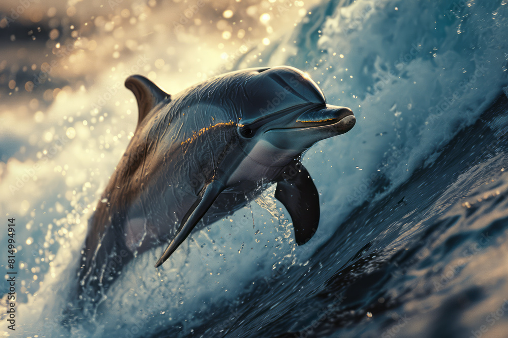 Poster illustration of a surfer and a dolphin jumping over a wave together, symbolizing a connection with m