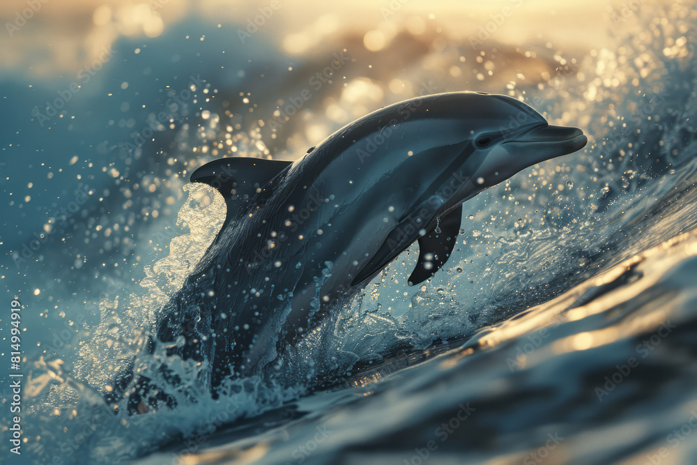 Poster illustration of a surfer and a dolphin jumping over a wave together, symbolizing a connection with m