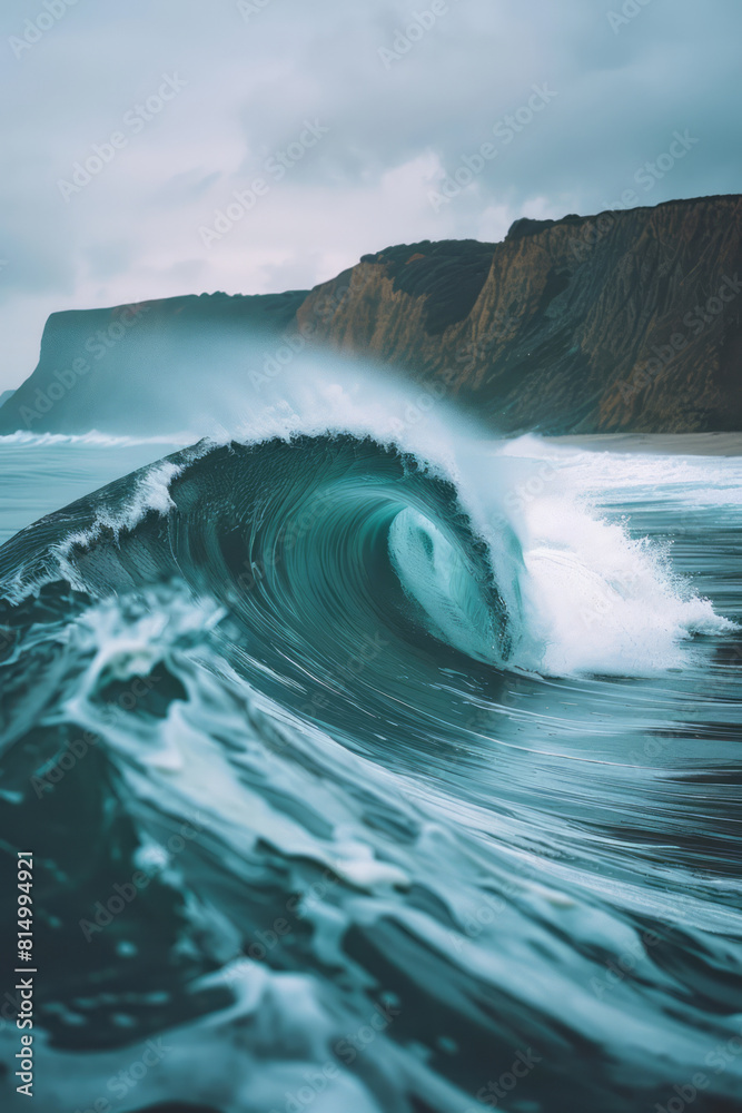 Poster panoramic view of a surfer tackling a big wave with a rugged coastline in the background, portraying