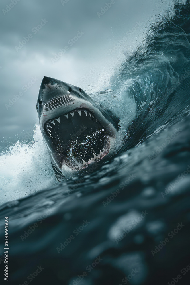 Poster Dramatic view of a surferâ€™s close call with a sharkâ€™s fin near a huge wave, adding an element of danger and suspense,