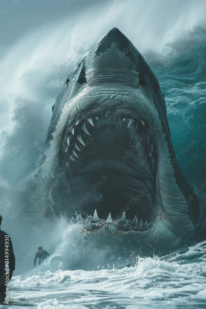 Poster Dramatic view of a surferâ€™s close call with a sharkâ€™s fin near a huge wave, adding an element of danger and suspense,