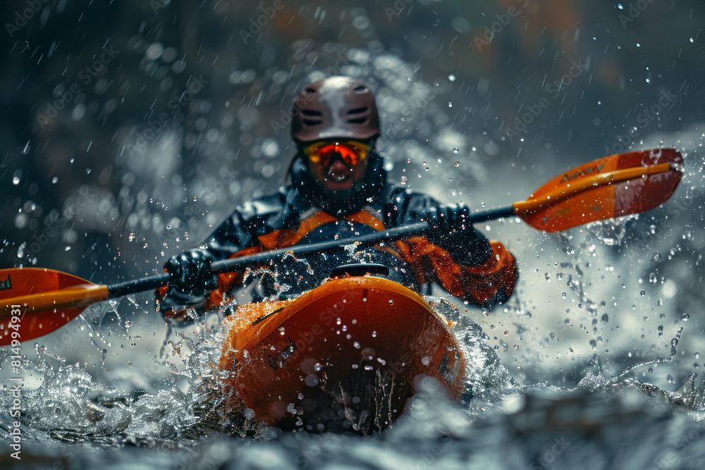 Poster Dynamic image of a kayaker navigating through a turbulent whitewater river, with water splashing dramatically around the kayak,
