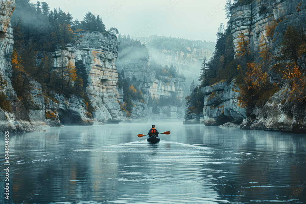 Poster scene of a kayaker dipping their paddle into frothy river waters, with steep cliffs rising on either