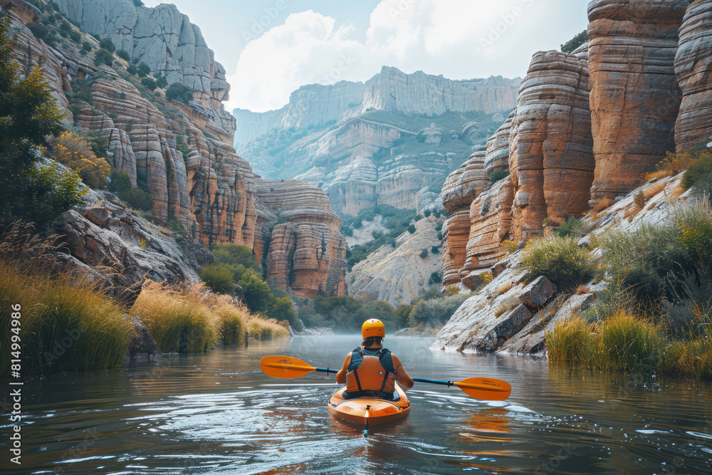 Poster scene of a kayaker dipping their paddle into frothy river waters, with steep cliffs rising on either