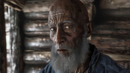 An elderly man of African-American appearance is sitting in a wooden hut, expressing rejection of something, concern.