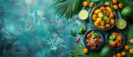 A colorful assortment of food is displayed on a green background