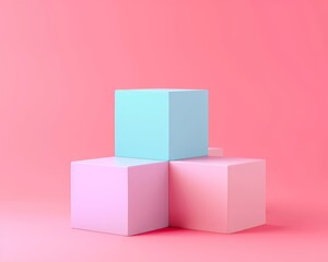 3D rendering of pink and blue cubes on pink background. Abstract minimal geometric shapes.