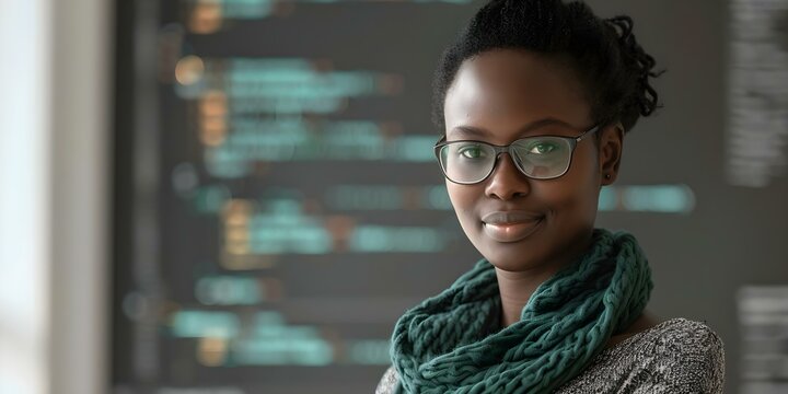 Dedicated Afro female programmer focused on software development. Concept Afro Female Programmer, Software Development, Diversity in Tech, Coding Enthusiast, Technological Empowerment