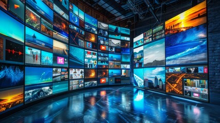 Multimedia video wall with several television screens broadcasting a variety of programs and content.
