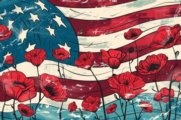Patriotic American Flag with Red Poppies: A Tribute to Fallen Heroes. Memorial Day Illustration of Remembrance and Honoring Veterans.