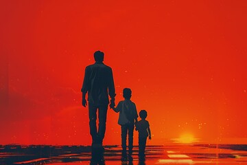 illustration of a dad with his chlidern while sunset