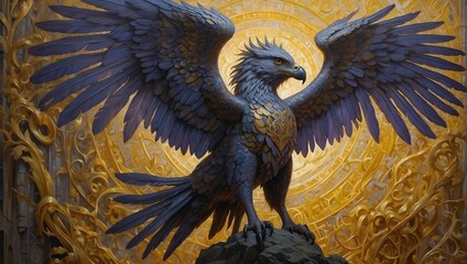 With wings that seem to shimmer and shift through hues of gold and amethyst, a griffin of unparalleled majesty reigns in a zenithal phantasmagoric painting