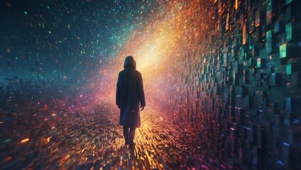 A shimmering glitched-out being, appearing as a cosmic traveler lost in time and space. This enigmatic figure is captured in a surreal, dream-like tilt-shift photograph.