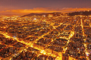 View of residential areas of Barcelona at night. City from a bird eye view