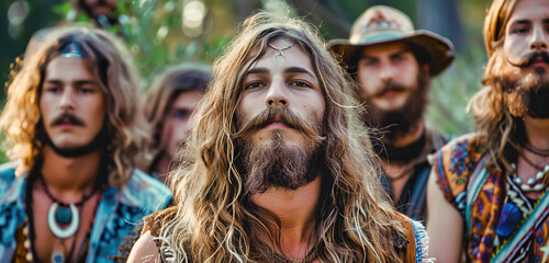Obraz premium Hippie group with long-haired, bearded, whiskered boy in foreground.