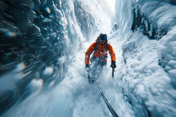 Dynamic view of a climber's rapid ascent up an ice chute, their figure blurred to emphasize speed and agility.