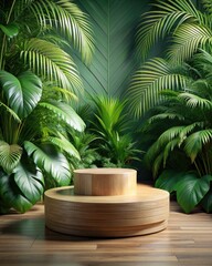 Obraz premium Wooden podium in tropical garden with palm leaves.