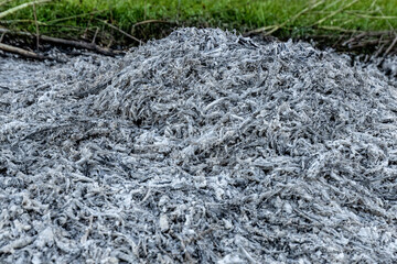 A close-up view of a pile of ashes, remnants of a fire, with intricate textures and tones, representing transformation and renewal.