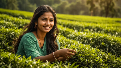 Indian girl picking green tea on a plantation occupation